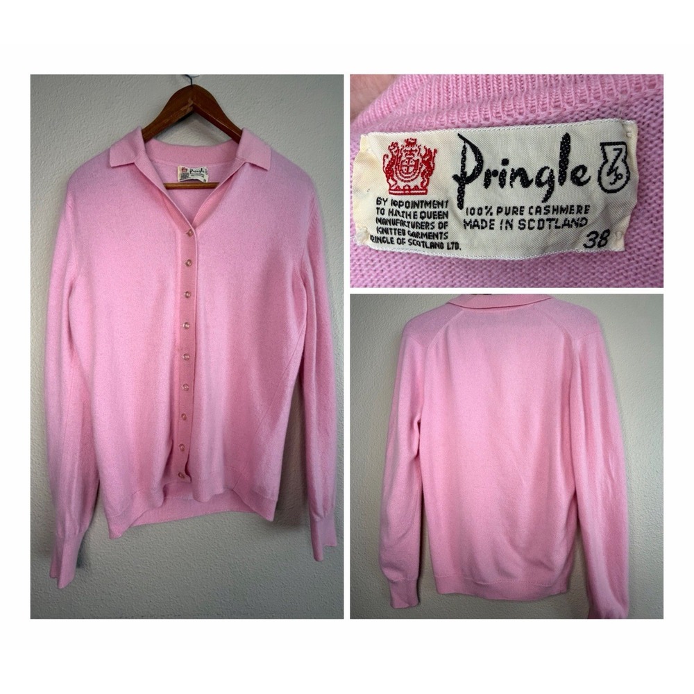 Vintage Pringle Scotland M 100% Cashmere Pink Cardigan Mid Century Grannycore 38